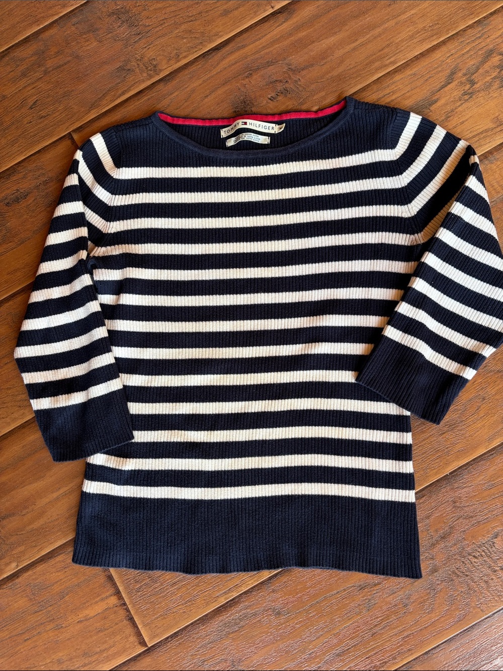 Tommy Hilfiger Navy and White Striped Scoop Neck Sweater